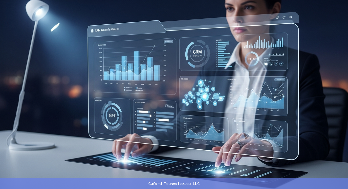 Modern professional analyzing data on a futuristic CRM dashboard